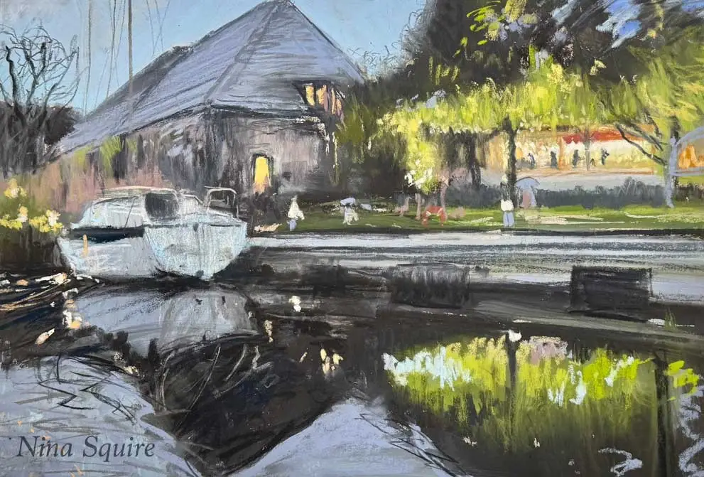 Pastel drawing of river and boat in the evening in Wareham